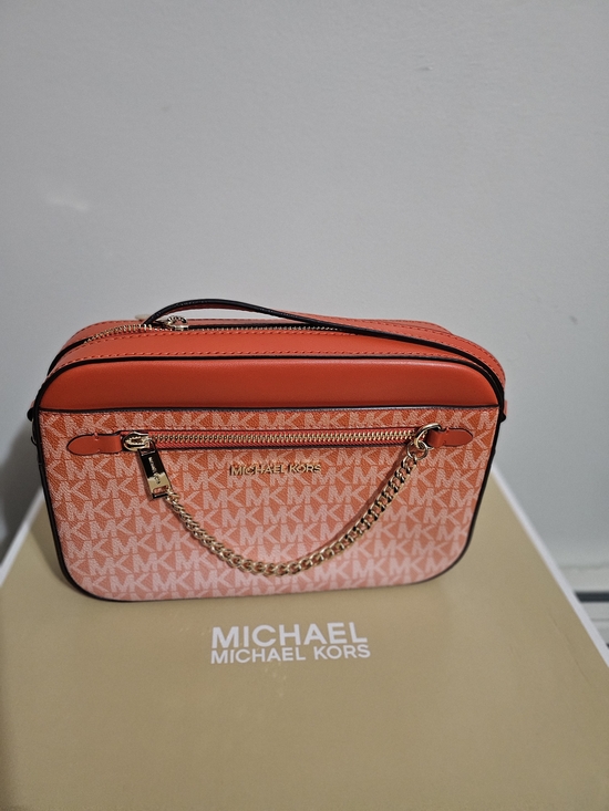 Michael Kors Handbags - Michael Kors Coral Pink MK Logo Crossbody with Gold Chain